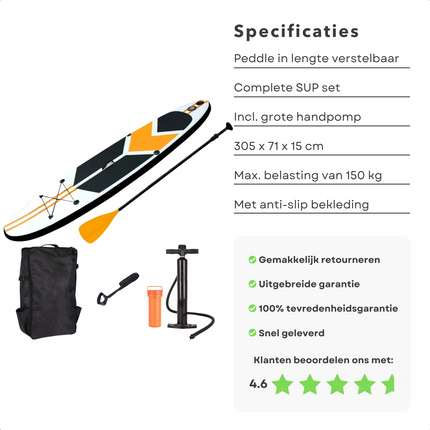Cheqo® Complete SUP-Set - Opblaasbaar SUP Board - Stand Up Paddle Board - Ideaal voor Beginnende & Gevorderde Peddelsurfers - EVA Anti-Slip Bekleding - 150kg Max Belasting - Verstelbare Peddel - Met Handpomp & Reparatiekit - Oranje SUP Board