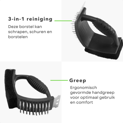 Cheqo® 3-in-1 Barbecue Borstel - BBQ Borstel met Schraper - Schrapen, Schuren & Borstelen - Kunststof Borstel & RVS Schraper - Barbecue Grillrooster Schoonmaken - 25 cm Barbecueborstel