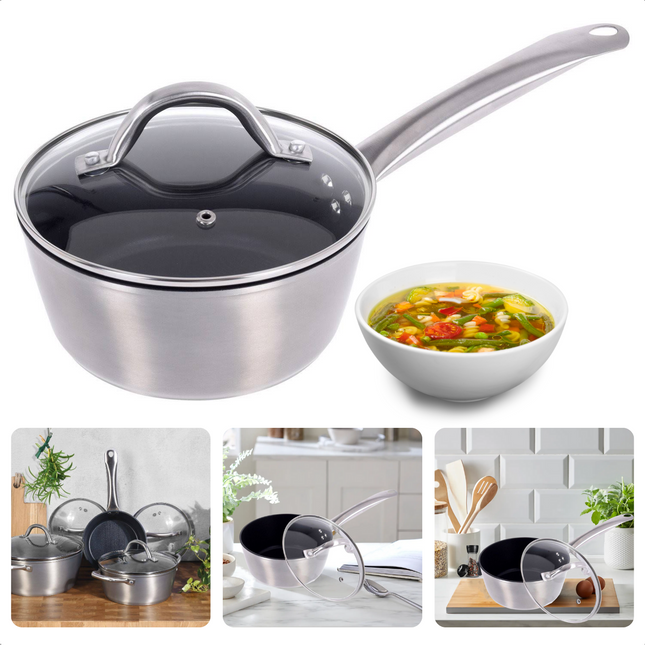 Cheqo® Steelpan met Deksel - Kookpan - Ø18cm - Gesmeed Aluminium - Hoogte 9cm - Dikte 3mm - Gewicht 1.0kg - Inclusief Glazen Deksel - Gas, Elektrisch, Keramisch, Inductie, Halogeen - Vaatwasserbestendig - Pfoa Vrij Steelpan