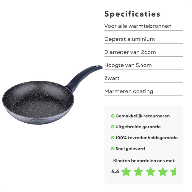 Cheqo®Luxe Koekenpan - Geperst Aluminium - Marmer Coating - Anti-Aanbaklaag - Voor Alle Warmtebronnen - Hoogte 5.4cm - Gelijkmatige Warmteverdeling - Lange Levensduur - Hoge Kwaliteit Koekenpan