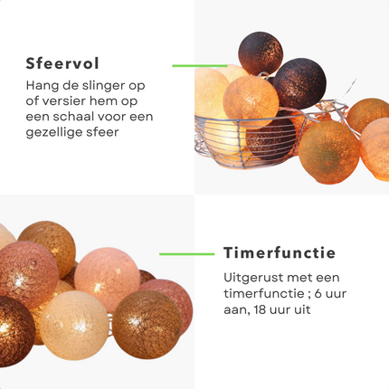 Cheqo® Decoratieslinger Verlicht - 20 LED Lampionnen Katoen - Timer - 6u Aan/18u Uit - Lengte Van 3 Meter - ø6cm Diameter - Voor Binnen En Buiten - Lichtsnoer - Tuinverlichting -  Feestverlichting - 20-delige set - Sfeerverlichting Lichtsnoer