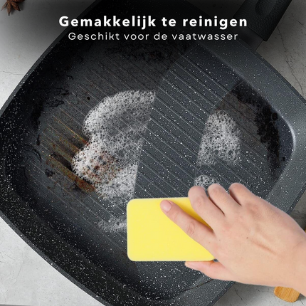 Cheqo® Grillpan Inductie - ø28cm - Alle Warmtebronnen - Steakpan - Gesmeed Aluminium - 4-laags marmer coating - PFOA-vrij - Geen lood/cadmium - Soft Touch handgreep - Vaatwasmachine bestendig Grillpan