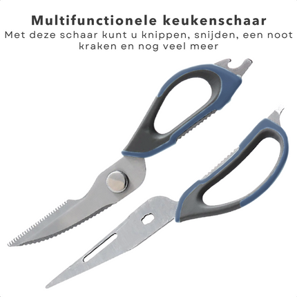 Cheqo® Multifunctionele Keukenschaar - Schaar met Flesopener - Schaar met Mes - Notenkraker - RVS - 22cm - 2,8mm - 145g - 80g - Voor Kip, Vis, Noten en Flessen Keukenschaar
