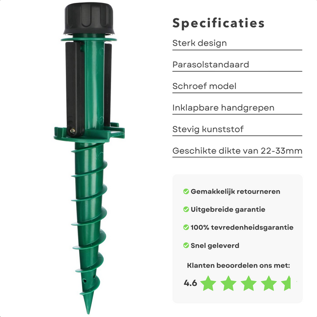 Cheqo® Parasolstandaard voor in de Grond - Parasolvoet - Grondboor Parasol - Parasolhouder Grond - Schroefmodel - Grondanker - Ook voor Droogmolen - 2 Handvaten - 22-33mm - Staat Stevig in de Grond Parasolvoet