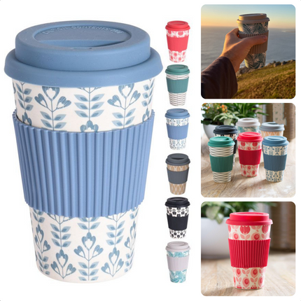 Cheqo® Bamboe Vezel Drinkbeker - 425ml - 125g - Herbruikbaar - TPR Sleeve - Siliconen Deksel - Geen Kleur of Print Kiezen - Koffiebeker - Duurzaam - Theebeker - Voor Onderweg - Vaatwasserbestendig - Compact formaat - Hittebestendig drinkbekers