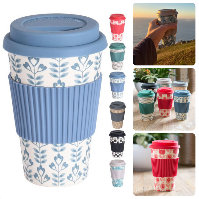 Cheqo® Bamboe Vezel Drinkbeker - 425ml - 125g - Herbruikbaar - TPR Sleeve - Siliconen Deksel - Geen Kleur of Print Kiezen - Koffiebeker - Duurzaam - Theebeker - Voor Onderweg - Vaatwasserbestendig - Compact formaat - Hittebestendig drinkbekers