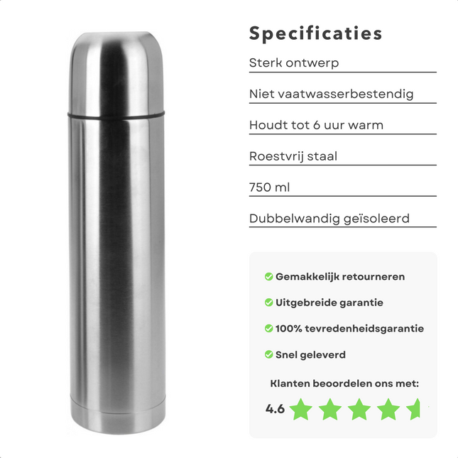 Cheqo® Isolatiefles - Thermosfles - Isoleerkan - RVS - 750ml - 6 uur Warm/Koud - Niet Vaatwasserbestendig Thermosfles