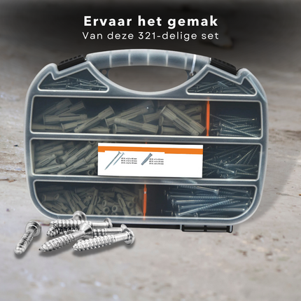 Cheqo® XXL 321-delige Schroeven- en Pluggenset in Koffer - Pluggen Set - Schroeven Set in Gereedschapskoffer Pluggenset