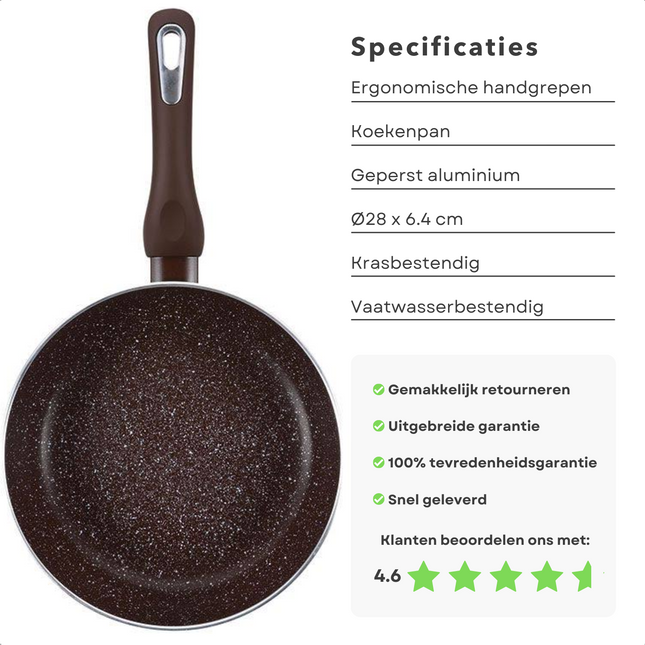 Cheqo® Koekenpan 28cm - Hoge Rand - Geperst Aluminium - Non-Stick Marble Coating - Soft-Touch Handgrepen - Inductiebodem - Vaatwasserbestendig - Krasbestendig - PFOA-Vrij Koekenpan