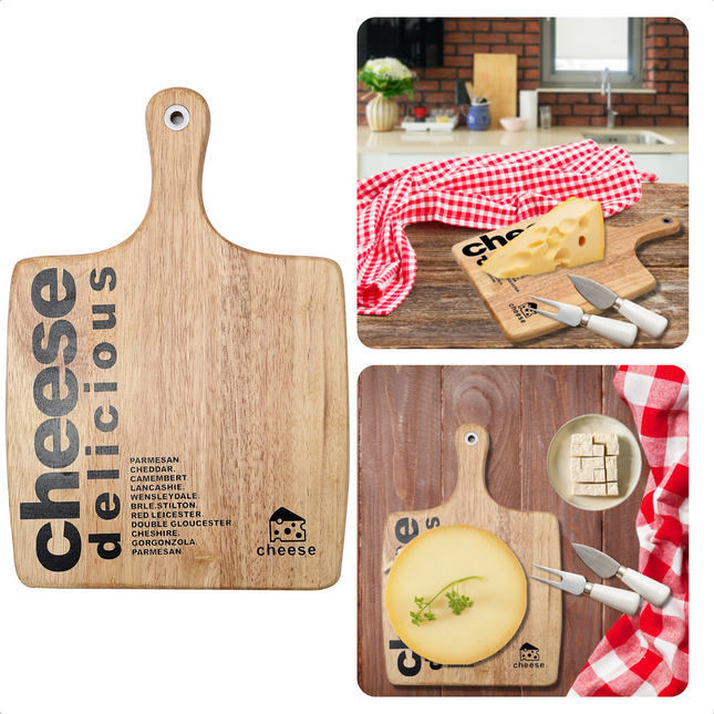 Cheqo® Robuuste Kaasplank - Rubber-Wood - 37,8x26x1,5cm - Kaas Snijden & Serveren - Met Ophangoog - Serveerplank Kaasplank