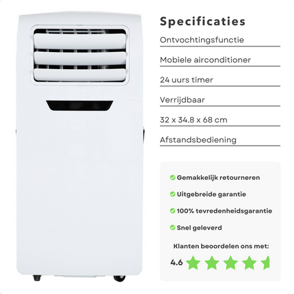 Cheqo® Mobiele Airco - Airconditioner - 9000BTU - 2600W - 350m3/h - Ontvochtigingsfunctie - 24-uurs timer - Afstandsbediening - Controlpanel - Verrijdbaar - 32-37 m2 - 1.0l/h - Afvoerslang - Wasbaar Filter - 220-240V - 50HZ Airco