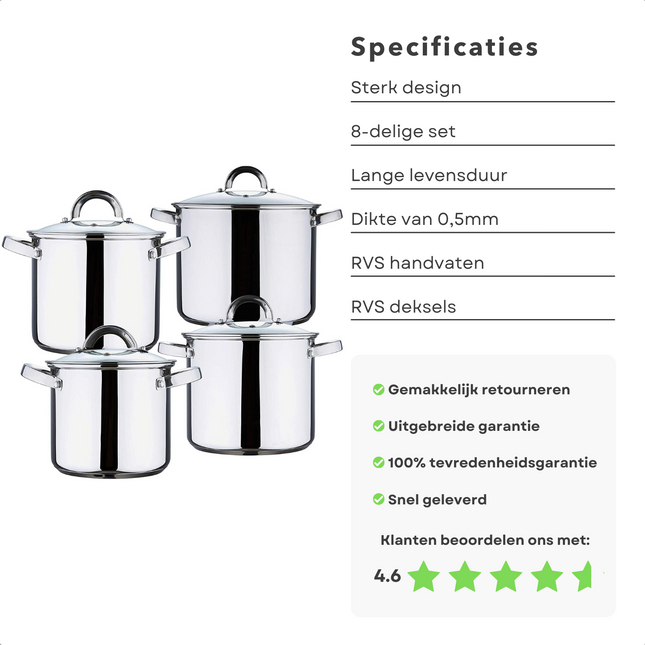 Cheqo® Pannenset met Deksel - Kookpannen - 8-delig RVS - Maatverdeling aan Binnenzijde - 2,9L, 4,0L, 5,4L, 8,8L - Alle Warmtebronnen - Ook Geschikt voor Inductie Pannenset