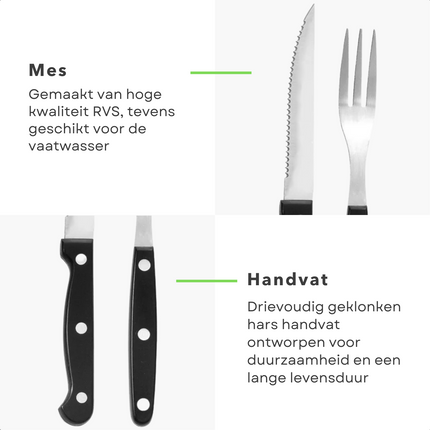 Cheqo® 6 Steakmessen met Steakvorken - Vorken en Messen - Steakset - Steakmes Set - Kartelmes - Kartelmessen - 21cm - 6 Steakvorken - 19cm - 1.2mm - RVS Steakmessen