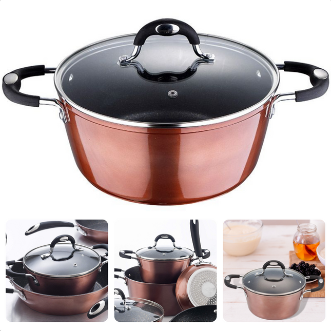 Cheqo® Kookpan voor Inductie - Ø 20cm x 9.5cm - 2.4 liter - Vervaardigd uit Gesmeed Aluminium - Krasvaste Marmer Coating - Soft Touch Handgrepen - PFOA-Vrij - Geen Lood - Geen Cadmium - Glazen Deksel - Vaatwasmachine Bestendig Kookpan