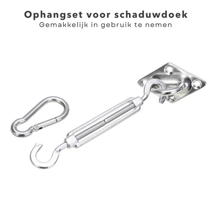 Cheqo® Bevestigingsset Zonnezeilen en Schaduwdoeken - 3 Delig - Ophangset voor Schaduwdoek - 1x Karabijnhaak - 1x Spanmoer - 1x Plaatje met Oog - Metaal Schaduwdoek bevestigingsmateriaal