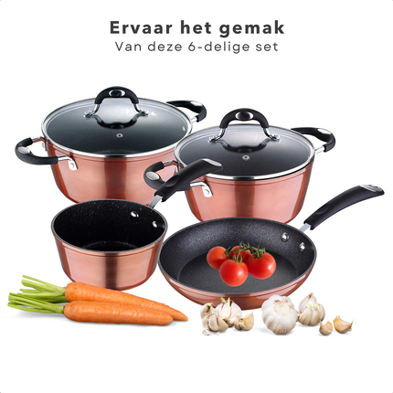 Cheqo® Luxe Pannenset 6-delig - Gesmeed Aluminium - Alle Warmtebronnen - Ook Inductie - 3-laags Marmer Coating - Koper Metallisch Coating - PFOA-Vrij - Met Koekenpan en Steelpannen - Kookpan Pannenset