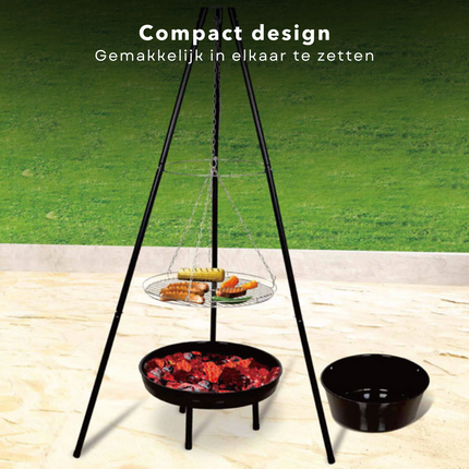 Cheqo® Vuurschaal Hangend met Grilrooster - Driepoot Model - Staal - 52cm Diameter - Grillplaat - 151cm Hoogte - Met Ketting & Grillplaat Vuurschaal
