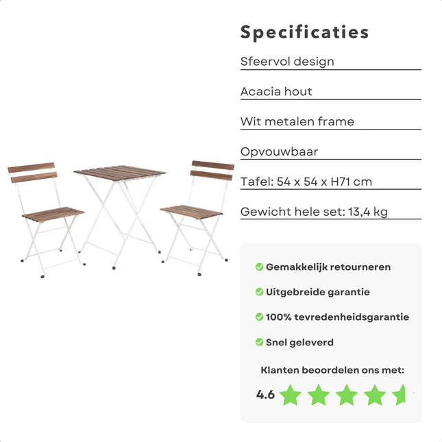 Cheqo® Bistroset 3-delig - Tuinset - Balkonset - Stoelen met Tafel - Tuintafel - Tuinstoel - Hout & Metaal - Wit - 70x70x75cm Bistroset