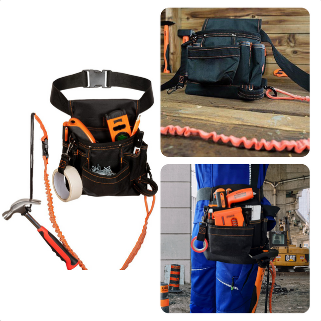 Cheqo® Gereedschapsgordel met Elastische Veiligheidslijn - Gereedschapsriem - 20x10x30cm - Met Hoofdvak, 2 Insteekvakken, 3 Voorzijde Vakken, Spijkervak, Elastisch Koord Gereedschapsgordels