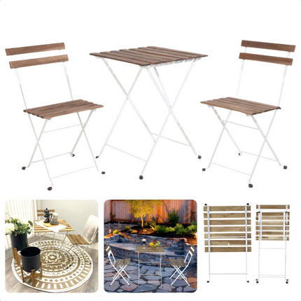 Cheqo® Bistroset 3-delig - Tuinset - Balkonset - Stoelen met Tafel - Tuintafel - Tuinstoel - Hout & Metaal - Wit - 70x70x75cm Bistroset