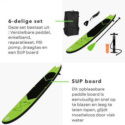 Cheqo® Complete SUP-Set - Opblaasbaar SUP Board - Stand Up Paddle Board - Ideaal voor Beginnende & Gevorderde Peddelsurfers - EVA Anti-Slip Bekleding - 150kg Max Belasting - Verstelbare Peddel - Met Handpomp & Reparatiekit SUP Board