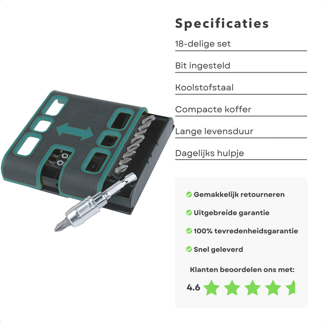 Cheqo® 18-dlg Magnetische Snelwissel Bitset met Bithouder - Voor Boor- en Schroefmachine - Uitschuifbare Cassette - Broekriemclip - Eenhandsbediening - Snel & Efficiënt - 18-delig - Voor Boormachine - Voor Schroefmachine - Chroom - Vanadium - Staal Bit en Boren Sets
