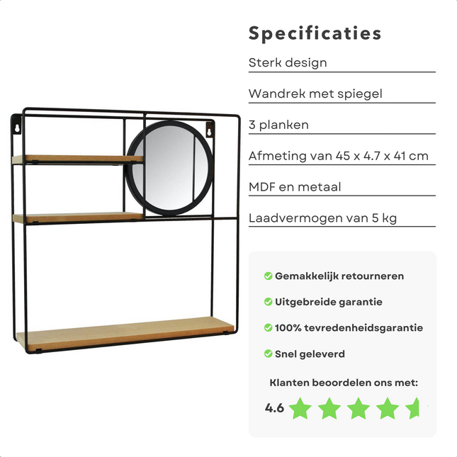 Cheqo® Wandrek Industrieel met Spiegel - 3 Planken - 45x4,7x41cm - MDF & Metaal - Max. 5kg - Inclusief Spiegel - 1,9kg Wandrekken