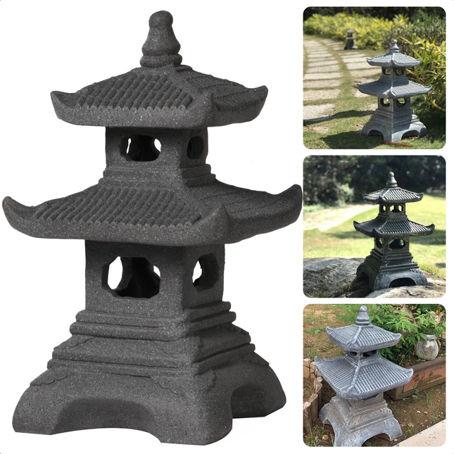 Cheqo® Chinees Tuinbeeld - Pagode Beeld - Tempel Beeld - MGO Lichtbeton - Antraciet - 30x30xH50cm - 6.5kg Tuinbeeld