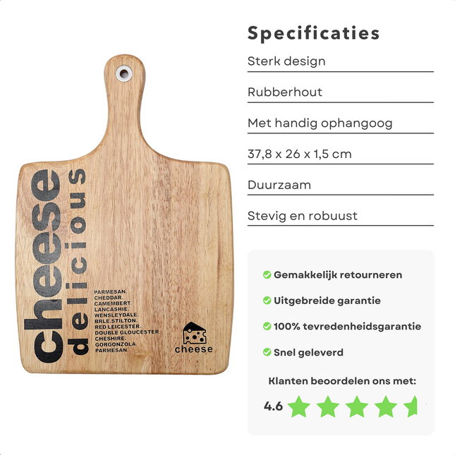 Cheqo® Robuuste Kaasplank - Rubber-Wood - 37,8x26x1,5cm - Kaas Snijden & Serveren - Met Ophangoog - Serveerplank Kaasplank