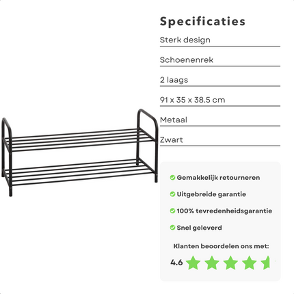 Cheqo® Schoenenrek - Metaal - 2 Laags - 91cm - Schoenenkast - Opbergrek Schoenen - Zwart Schoenenrek