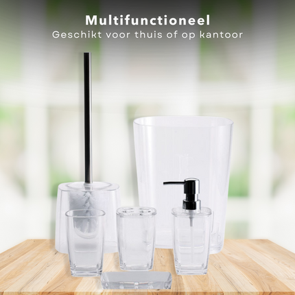 Cheqo® Badkamer Set 6 Delig - Badset - Kunststof - Beker, Zeepbakje, Zeep Dispenser, Tandenborstelhouder, Toiletborstelset, Afvalbak - Badkamer Accessoires Badset