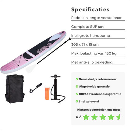 Cheqo® Complete SUP-Set - Opblaasbaar SUP Board - Stand Up Paddle Board - Tot 150kg - Anti-Slip - Met Pomp, Leash & Reparatiekit - 305x71x15cm SUP Board