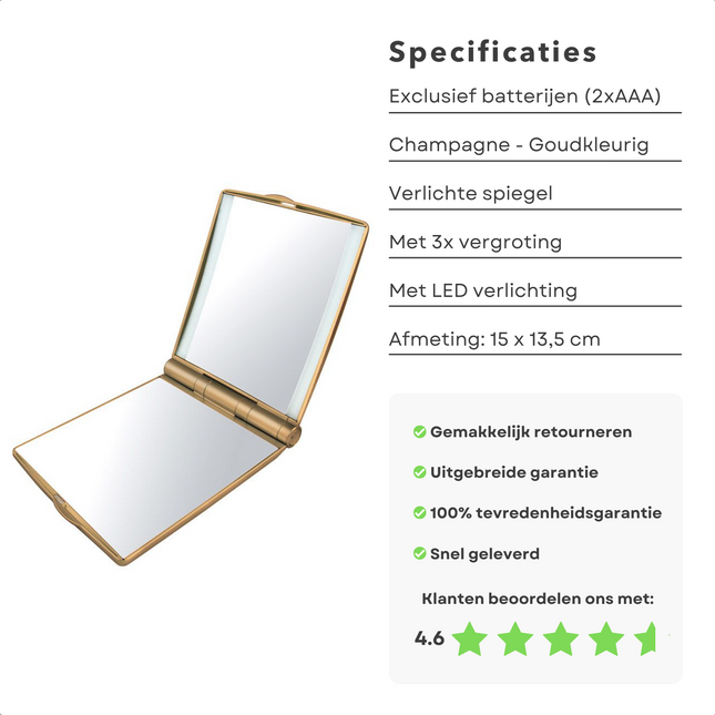 Cheqo® Make-Up Spiegel met LED Verlichting - Verlichte Spiegel met LED-backlight - 3x Vergroting - 15x13.5cm - Goud met Wit - Op Batterijen Make-up spiegels