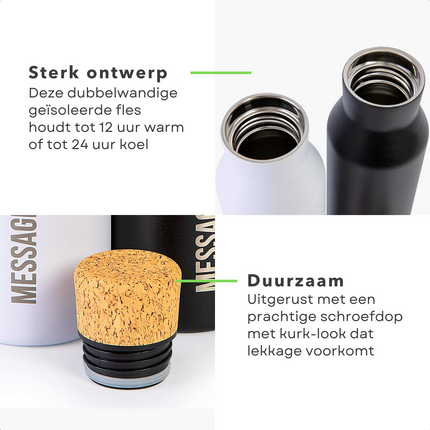 Cheqo® Thermosfles 590ml - RVS - Isolatiefles - Thermoskan - RVS Fles - Vacuümfles - Message in a Bottle - Zwart Thermosfles