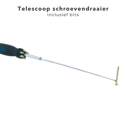 Cheqo® Telescoop Schroevendraaier met Bits - 60cm Uitschuifbaar - 7 Bits - Kruiskop PH1/PH2/PH3 - Sleuf 5/7mm - Torx T-15/T-20 - Magneethouder - Handgereedschap - Klusgereedschap - Schroevendraaiset - Multifunctioneel Schroevendraaiers
