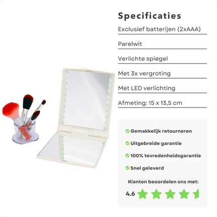 Cheqo® Make-Up Spiegel met LED Verlichting - Verlichte Spiegel met LED-backlight - 3x Vergroting - 15x13.5cm - Parelwit - Op Batterijen Make-up spiegels