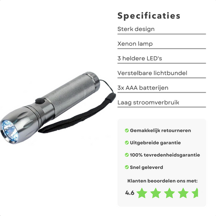 Cheqo® PRO Zaklamp - Xenon & 3 LED's - Hoge Lichtsterkte - Verstelbare Lichtbundel - Met Batterijen Zaklamp