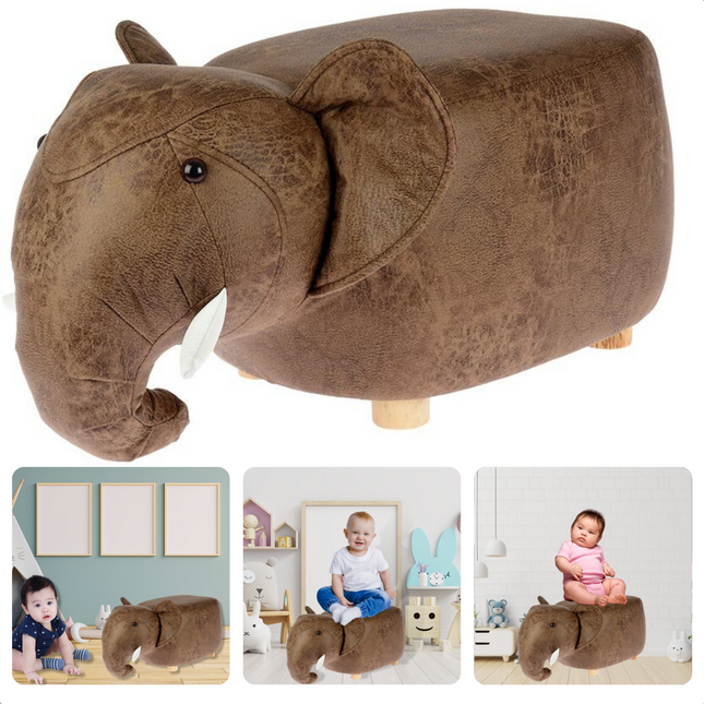 Cheqo® Poef Olifant - Zitpoef - Kinderkruk - Voetenbank - 65x37cm - Kunstleer & Hout - Extra Zitplaats - Accessoire Woon- & Slaapkamer Poefs