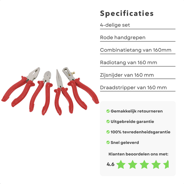 Cheqo® Professionele Tangenset - Combinatietang - Radiotang - Zijsnijtang - Draadstriptang - 160mm - Mat Gepolijst - Zware Rode Handgrepen Tangensets