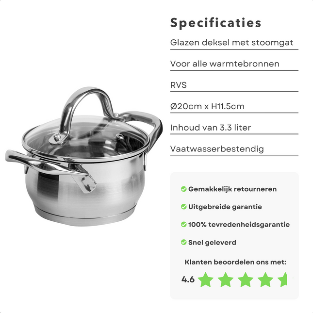 Cheqo® Kookpan 20cm - 3,3 liter - Mat & Glanzend - Glazen Deksel - Aluminium Bodem - Ook voor Inductie - Vaatwasmachine-bestendig Kookpan