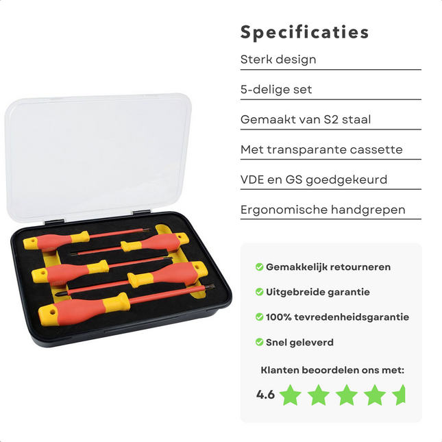 Cheqo® VDE 5-delige Schroevendraaierset in Cassette - S2 Staal - 1000V Wisselstroom/1500V Gelijkstroom - VDE & GS Gekeurd - Voor Elektra - Electro - Veilig - Kruiskop - Ergonomisch Handvat - Handige Cassette - Anti-Slip Schroevendraaiers