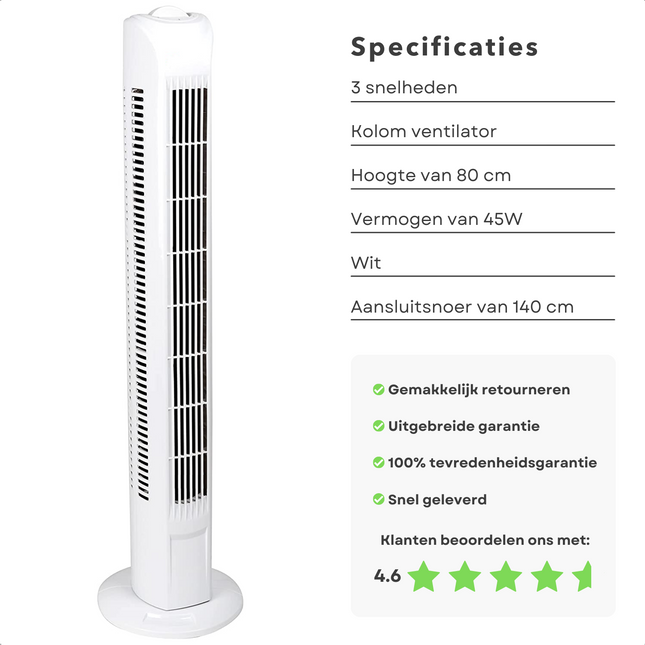 Cheqo® Krachtige Ventilator - Fan - Kolomventilator - 80cm - 45W - 140cm Snoer - 3 Snelheden - Slank Ontwerp Ventilator