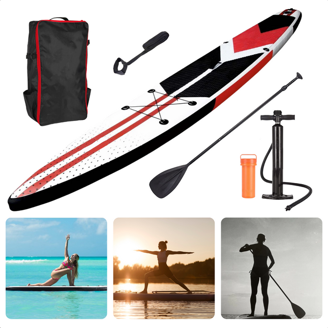 Cheqo® Complete SUP-Set - Opblaasbaar SUP Board - Stand Up Paddle Board - 381x66x15cm - Double Layer - 150kg - Met Pomp, PSI-Meter, Surf-Leash en Reparatiekit - Rood SUP Board