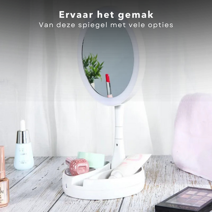 Cheqo® Dubbelzijdige Opvouwbare Spiegel - Make Up Spiegel met Verlichting - 10x Vergrotend - Met Opbergvak voor Sieraden - Op Batterijen Make-up spiegels
