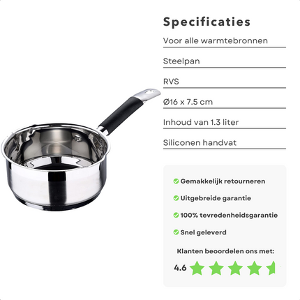 Cheqo® Steelpan - Kookpan - Ø16cm x 7,5cm - 1.3L - RVS - Dubbelzijdige Schenktuit - Siliconen Handvat - Maataanduiding - Alle Warmtebronnen Inclusief Inductie Steelpan