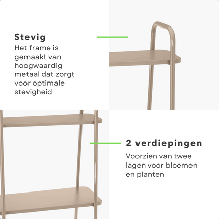 Cheqo® Metalen Bloemenrek - Plantenrek - Plantenhouder - Plantentafel - Taupe - 50x26x66cm - 2 Verdiepingen Plantenrekken