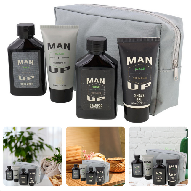 Cheqo® 5-delige Badset voor Mannen - Vaderdag Cadeau - Cadeaupakket - Kado - Cadeau voor Hem - Vader Geschenk - 120ml Body Wash - 50ml Bodylotion - 120ml Shampoo - 50ml Scheergel - In Luxe Toilettas Geschenkset