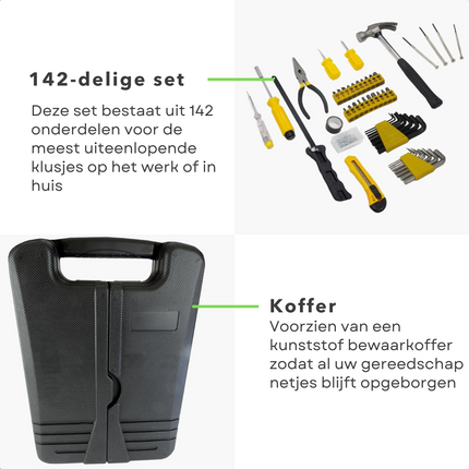 Cheqo® XL Gereedschapskoffer - Toolbox - Gereedschapskist - Handgereedschap - Met Klauwhamer, Tang, Schroevendraaiers en meer! - 142-delig Gereedschapsset