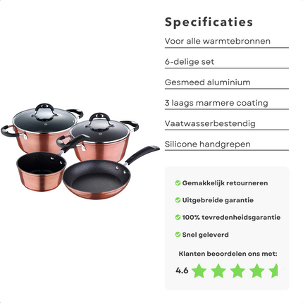 Cheqo® Luxe Pannenset 6-delig - Gesmeed Aluminium - Alle Warmtebronnen - Ook Inductie - 3-laags Marmer Coating - Koper Metallisch Coating - PFOA-Vrij - Met Koekenpan en Steelpannen - Kookpan Pannenset