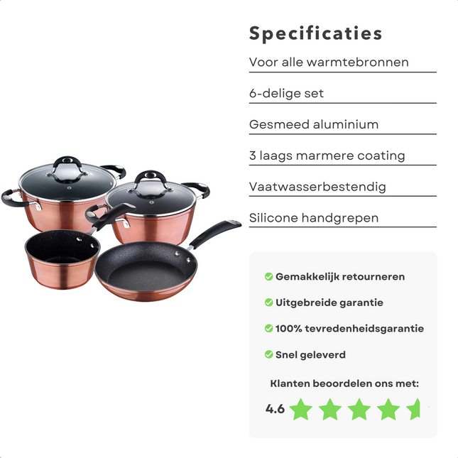 Cheqo® Luxe Pannenset 6-delig - Gesmeed Aluminium - Alle Warmtebronnen - Ook Inductie - 3-laags Marmer Coating - Koper Metallisch Coating - PFOA-Vrij - Met Koekenpan en Steelpannen - Kookpan Pannenset